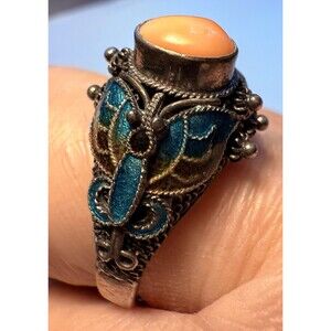 925 Silver and Enamel Guilloche Vintage Butterfly Ring Size 11